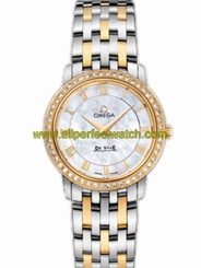 Omega Watches : 413.25.27.60.05.001 27mm Prestige Quartz White Mother Of Pearl Dial Yellow Gold Case, Diamonds With Yellow Gold And Stainless Steel Bracelet Women Watch