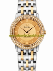 Omega Watches : 413.25.27.60.08.001 27mm Prestige Quartz Champagne Gold Dial Yellow Gold Case, Diamonds With Yellow Gold And Stainless Steel Bracelet Women Watch