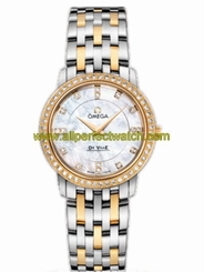 Omega Watches : 413.25.27.60.55.001 27mm Prestige Quartz Mother Of Pearl Dial Yellow Gold Case, Diamonds With Yellow Gold And Stainless Steel Bracelet Women Watch