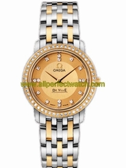 Omega Watches : 413.25.27.60.58.001 27mm Prestige Quartz Champagne Gold Dial Yellow Gold Case, Diamonds With Yellow Gold And Stainless Steel Bracelet Women Watch