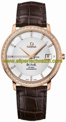 Omega Watches : 413.58.37.20.52.001 Automatic Chronometer Date Diamond Bezel 18k Rose Gold Case Brown Leather Men Watch