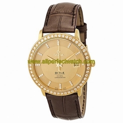 Omega Watches : 413.58.37.20.58.001 Prestige Co-Axial Champagne Diamond Dial Diamond Bezel 18k Yellow Gold Case Brown Leather Men Watch