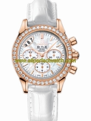Omega Watches : 422.58.35.50.05.002 35mm Automatic Co-Axial Chronograph White Mother Of Pearl Dial Rose Gold Case, Diamonds With White Leather Strap Women Watch