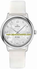 Omega Watches : 424.12.33.60.52.001 Quartz Silver Diamond Dial White Leather Women Watch