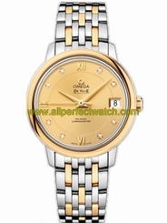 Omega Watches : 424.20.33.20.58.001 32.7mm Prestige Co-Axial Champagne Gold Dial Yellow Gold Case, Diamonds With Yellow Gold And Stainless Steel Bracelet Women Watch