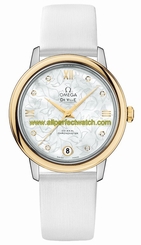 Omega Watches : 424.22.33.20.55.002 Automatic Chronometer White Mother of Pearl Diamond Dial Date White Satin-Brushed Leather Women Watch