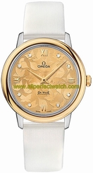 Omega Watches : 424.22.33.60.58.001 Quartz Champagne Diamond Dial 18k Yellow Gold Bezel White Leather Women Watch