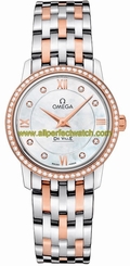 Omega Watches : 424.25.27.60.55.002 Quartz Mother of Pearl Diamond Dial Diamond Bezel 18k Rose Gold and Stainless Steel Women Watch