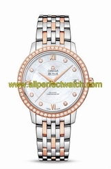 Omega Watches : 424.25.33.20.55.002 Automatic Chronometer White Mother of Pearl Diamond Dial Date Diamond Bezel Rose Gold and Stainless Steel Women Watch