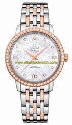 Omega Watches : 424.25.33.20.55.003 Automatic Chronometer White Mother of Pearl Diamond Dial Date Diamond Bezel 18k Rose Gold and Stainless Steel Women Watch