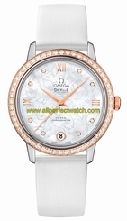 Omega Watches : 424.27.33.20.55.001 Automatic Chronometer Mother of Pearl Diamond Dial 18k Rose Gold Diamond Bezel White Leather Women Watch