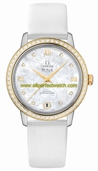 Omega Watches : 424.27.33.20.55.002 Automatic Chronometer White Mother of Pearl Diamond Dial Date 18k Yellow Gold Diamond Bezel White Satin Brushed Leather Women Watch