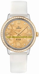 Omega Watches : 424.27.33.60.58.001 Quartz Champagne Diamond Dial 18k Yellow Gold Diamond Bezel White Satin Brushed Leather Women Watch
