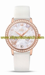 Omega Watches : 424.57.33.20.55.002 Automatic White Mother of Pearl Diamond Dial 18k Rose Gold Diamond Case White Satin-Brushed Leather Women Watch
