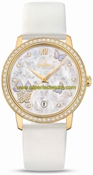 Omega Watches : 424.57.37.20.55.001 Automatic White Mother of Pearl Diamond Dial 18k Yellow Gold Diamond Case White Satin-Brushed Leather Women Watch