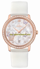 Omega Watches : 424.57.37.20.55.003 Automatic White Mother of Pearl Diamond Dial 18k Rose Gold Diamond Case White Satin-Brushed Leather Women Watch