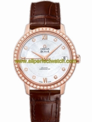 Omega Watches : 424.58.33.20.55.001 32.7mm Prestige Co-Axial White Mother Of Pearl Dial Rose Gold Case, Diamonds With Brown Leather Strap Women Watch