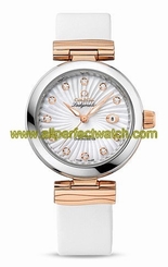 Omega Watches : 425.22.34.20.55.001 Automatic White Mother of Pearl Diamond Dial Date Satin-Brushed White Leather Women Watch