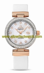 Omega Watches : 425.27.34.20.55.001 Automatic White Mother of Pearl Diamond Dial Date Diamond Bezel White Satin-Brushed Leather Strap Women Watch