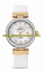 Omega Watches : 425.27.34.20.55.002 Automatic White Mother of Pearl Diamond Dial Diamond Bezel White Satin-Brushed Leather Women Watch