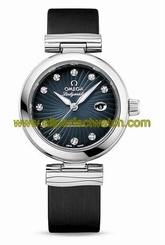 Omega Watches : 425.32.34.20.56.001 Automatic Blue Diamond Date Dial Satin-Brushed Black Leather Strap Women Watch
