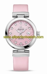 Omega Watches : 425.32.34.20.57.001 Automatic Pink Mother of Pearl Diamond Dial Date Pink Satin-Brushed Leather Strap Women Watch