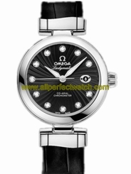 Omega Watches : 425.33.34.20.51.001 34mm Ladymatic Black Dial Stainless Steel Case, Diamonds With Black Leather Strap Women Watch