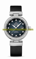 Omega Watches : 425.37.34.20.56.001 Automatic Diamond Indexes Date Dial Diamond Bezel Satin-Brushed Black Leather Women Watch
