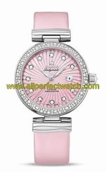 Omega Watches : 425.37.34.20.57.001 Automatic Diamond Indexes Date Diamond Bezel Pink Satin-Brushed Leather Women Watch