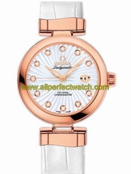Omega Watches : 425.63.34.20.55.001 34mm Ladymatic White MOther Of Pearl Dial Rose Gold Case, Diamonds With White Leather Strap Women Watch
