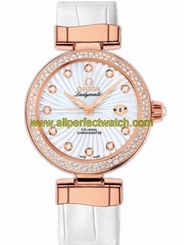 Omega Watches : 425.68.34.20.55.001 34mm Ladymatic White Mother Of Pearl Dial Rose Gold Case, Diamonds With White Leather Strap Women Watch