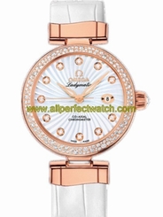 Omega Watches : 425.68.34.20.55.004 34mm Ladymatic White Mother Of Pearl Dial Rose Gold Case, Diamonds With White Leather Strap Women Watch