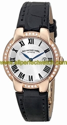 Raymond Weil Watches : 5229-PCS-01659 Quartz Roman Numerals Dial Date Diamond Rose Gold PVD Plating Bezel Black Leather Women Watch