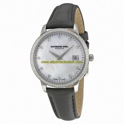 Raymond Weil Watches : 5388-SLS-97081 Quartz Mother of Pearl Diamond Dial Diamond Bezel Black Leather Women Watch