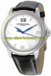 Raymond Weil Watches : 5476-ST-00657 Quartz White Dial With Roman Numeral Hour Markings And Leather Strap Men Watch