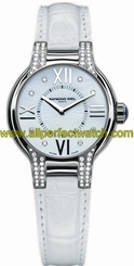 Raymond Weil Watches : 5932-SLS-00995 Quartz Noemia 32 Mm Mother Of Pearl Dial Stainless Steel Case And 72 Diamonds With White Leather Strap Women Watch