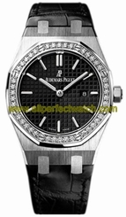 Audemars Piguet Watches : 67651ST.ZZ.D002CR.01 Quartz Brushed Stainless Steel Black Dial Black Crocodile Leather Band Women Watch