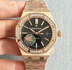 Copy Audemars Piguet Royal Oak 15450 JF Rose Gold & Diamonds Black Dial Swiss 3120