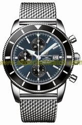 Breitling Watches : A1332024/C817-SS Automatic COSC Gun Blue Chronograph With Black Sub-dials And Date At 3 Dial Ocean Classic Steel Mesh Band Men Watch