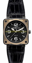 Bell & Ross Watches : BR01-92-Pink-Gold-Carbon Automatic Black Dial Alligator/crocodile Leather Black Band Men Watch