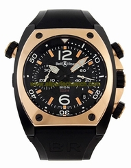 Bell & Ross Watches : BR02-94-Pink-Gold-And-Carbon Automatic Black Dial Rubber Black Band Men Watch