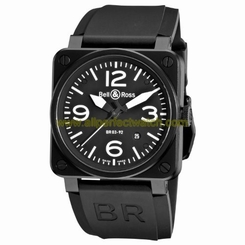 Bell & Ross Watches : BR03-92-CARBON Automatic Black Dial Rubber Black Band Men Watch