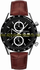 TAG Heuer Watches : CV2010.FC6181 Automatic Swiss Made Calibre 16 Valjoux 7750, 25 Jewels with Approx 42hr. Power reserve Polished Stainless Steel Black Chronograph Dial Brown Crocodile Leather Band Men Watch