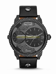 Diesel Watches : DZ7328 Quartz Dual Time Black Crystal Stones Case Black Leather Men Watch