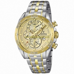 Festina Watches : F16655/2 Quartz Chronograph Gold Dial Date Two Tone Stainless Steel Men Watch