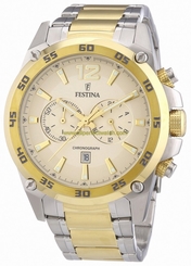 Festina Watches : F16681/1 Quartz Chronograph Gold Dial Date Two Tone Stainless Steel Men Watch