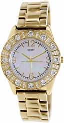Guess Watches : G95483L Mother Or Pearl Dial Crystal Encrusted Gold Tone Stainless Steel Band Women Watch