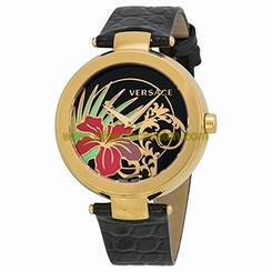 Versace Watches : I9Q80D9HIS-S009 Black Hibiscus Dial Fixed Gold-tone Band Women Watch