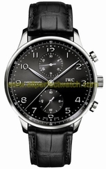 IWC Watches : IW371447 Automatic Stainless Steel Black Chronograph With Stainless Numbers And Hands Dial Black Crocodile Leather Band Men Watch