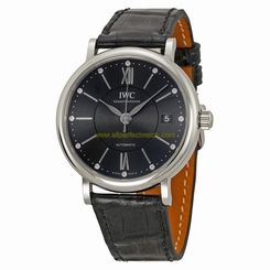 IWC Watches : IW458102 Automatic Diamond Dial Date Black Leather Unisex Watch